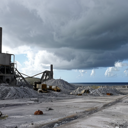 Home 4 A desolate, phosphate-mined landscape on Nauru, showing environmental destruction and abandoned mining equipment under a cloudy sky, emphasizing resource depletion.