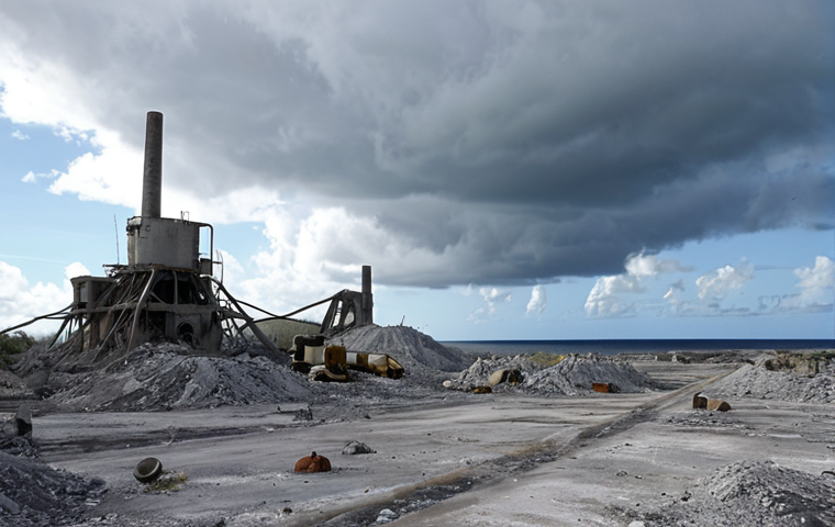 A desolate, phosphate-mined landscape on Nauru, showing environmental destruction and abandoned mining equipment under a cloudy sky, emphasizing resource depletion.