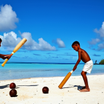 **
Nauruan children playing cricket on a beach, using makeshift equipment like wooden bats and coconut balls, fully clothed, appropriate attire, safe for work, perfect anatomy, natural proportions, family-friendly scene, bright daylight, blue sky, clear ocean backdrop, modest clothing.
**
