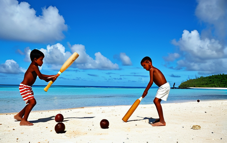 **
Nauruan children playing cricket on a beach, using makeshift equipment like wooden bats and coconut balls, fully clothed, appropriate attire, safe for work, perfect anatomy, natural proportions, family-friendly scene, bright daylight, blue sky, clear ocean backdrop, modest clothing.
**