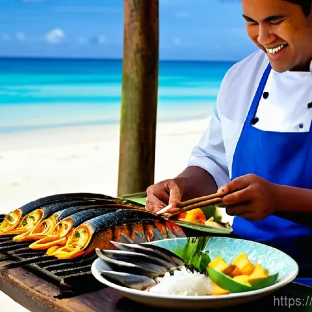 나우루 인기 로컬 음식 - **Prompt 1: Nauruan Seafood Feast - Traditional Grill and Tropical Setting**
A vibrant, sun-dren...