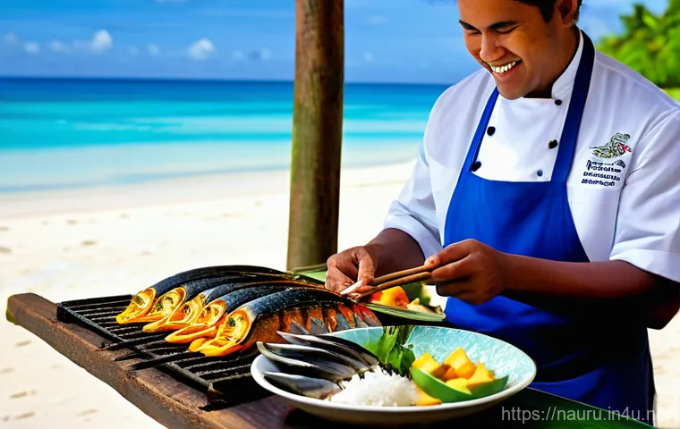 나우루 인기 로컬 음식 - **Prompt 1: Nauruan Seafood Feast - Traditional Grill and Tropical Setting**
A vibrant, sun-dren...